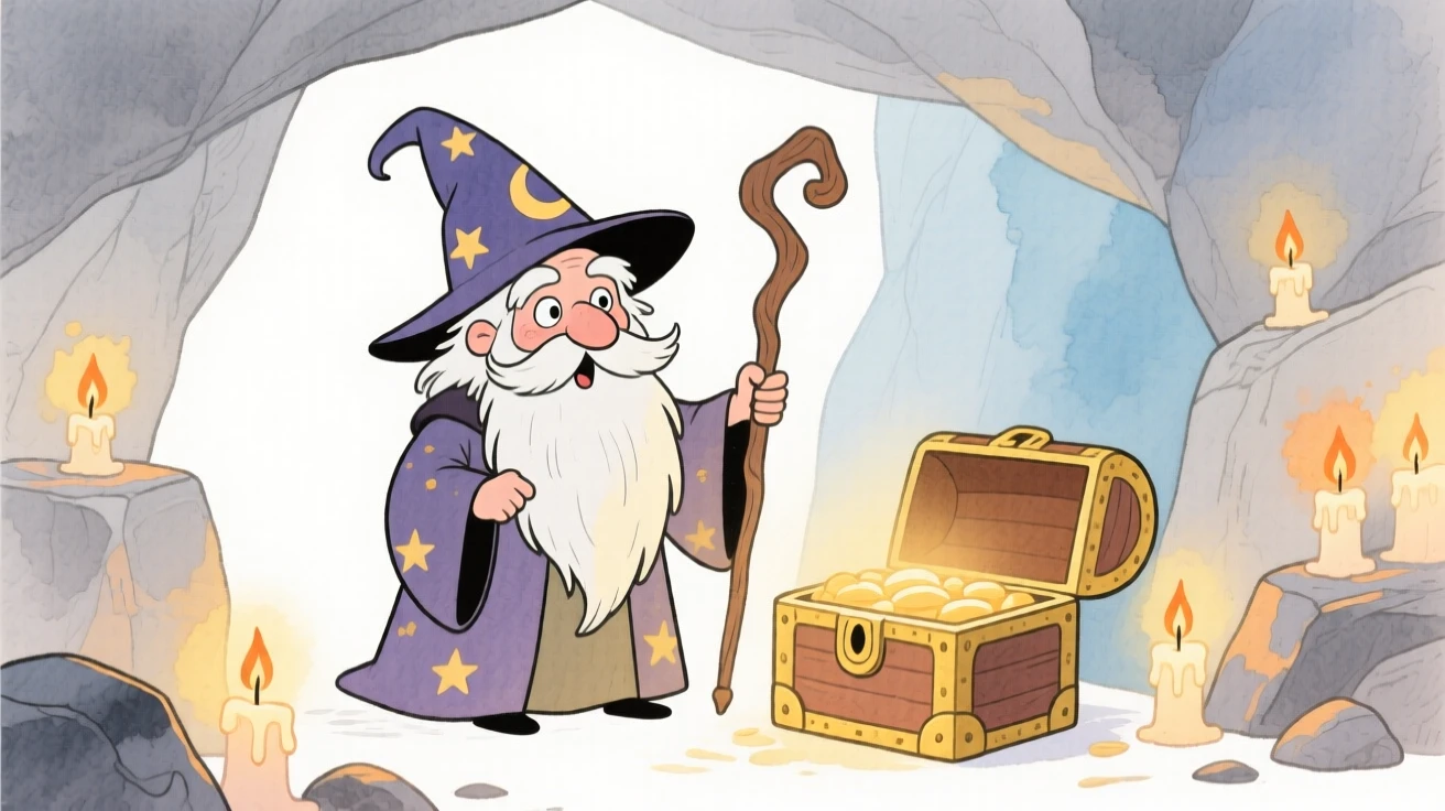 A wise old wizard guarding a treasure chest in a candlelit cave