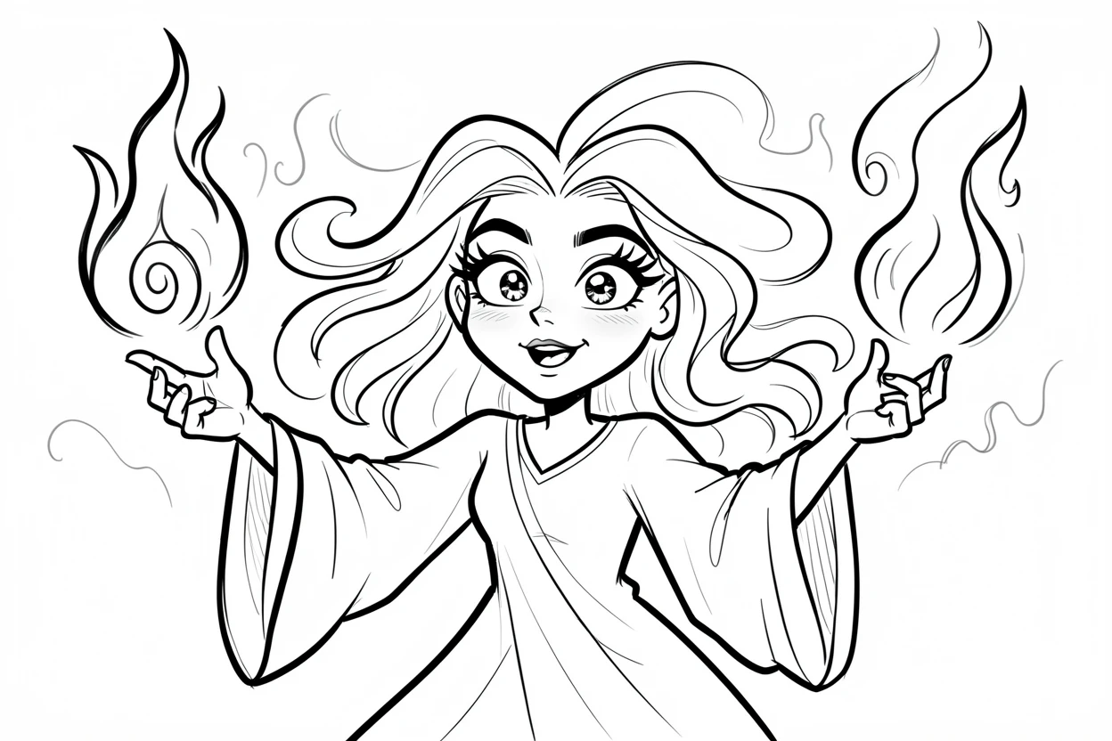 [Fantasy & Imaginative Scenarios] Imaginative fantasy scene of a sorceress conjuring swirling flames from her fingertips, brimming with wonder