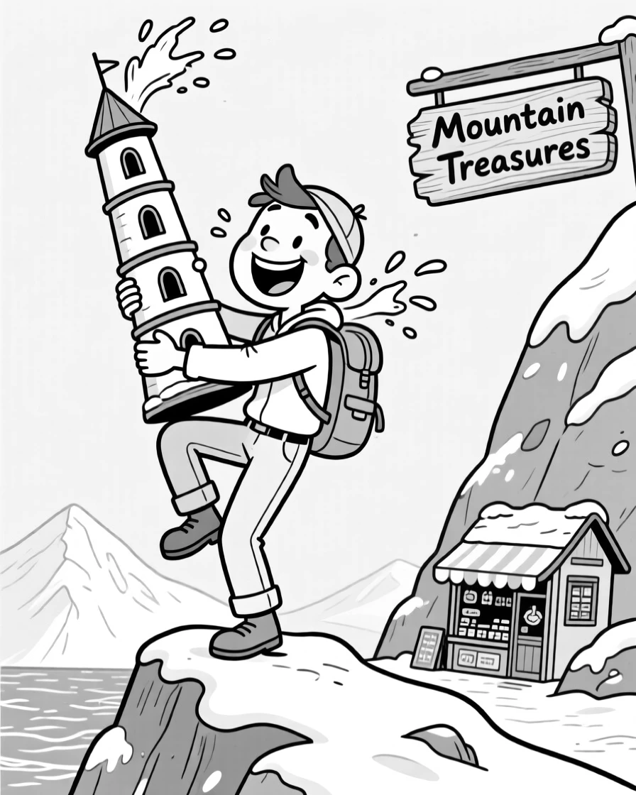 A tourist balancing precariously for a tilted-tower photo, grinning while sea spray splashes across the face, set at the peak of a snow-dusted mountain. A tiny souvenir shop peeks around the corner. It radiates wanderlust and the fun of getting a little lost.