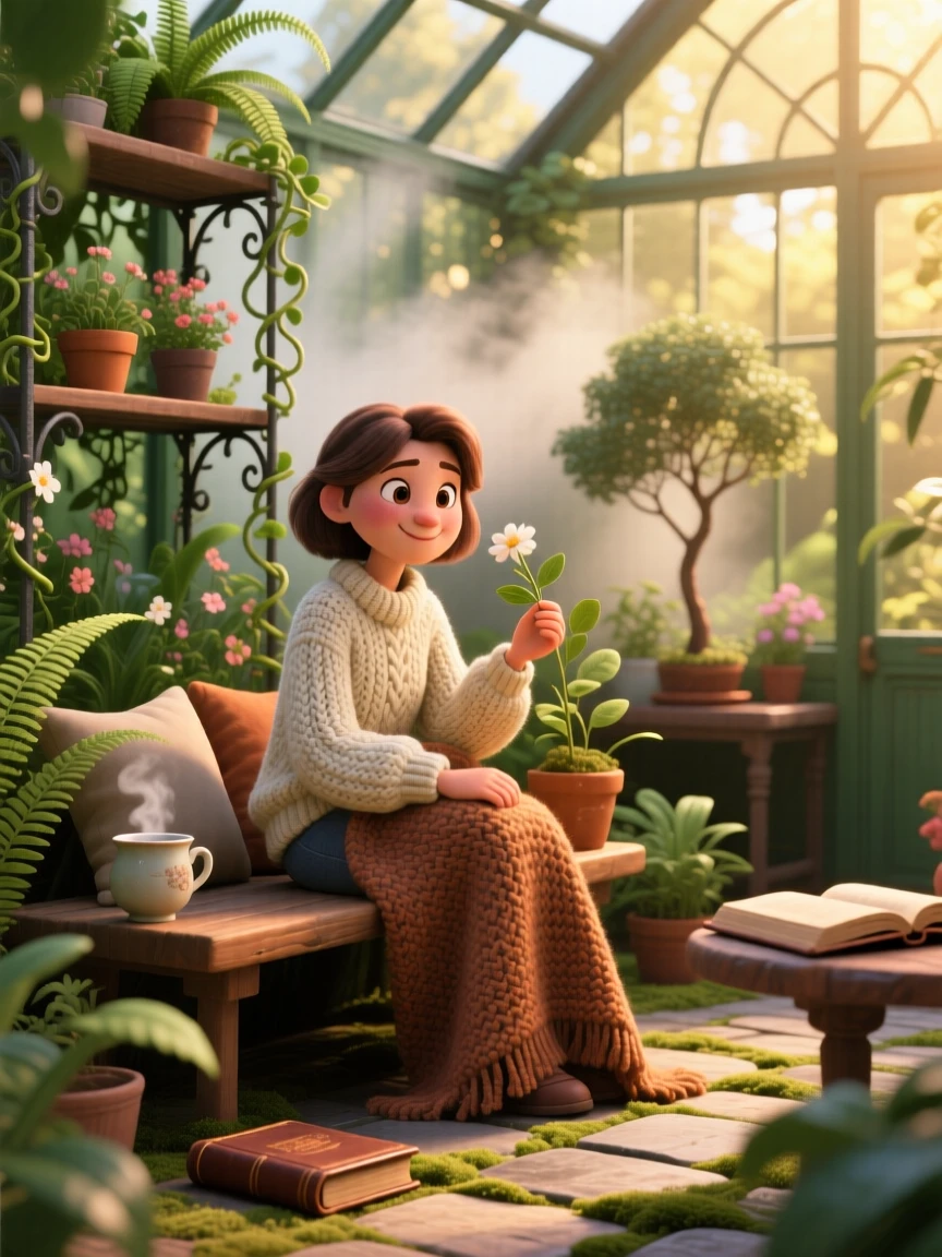 A young woman in a thick knitted sweater sits in a greenhouse filled with steam and plants, tucking a wool blanket over their knees. The atmosphere is warm, unhurried, and peaceful, with soft golden light spilling across the floor.