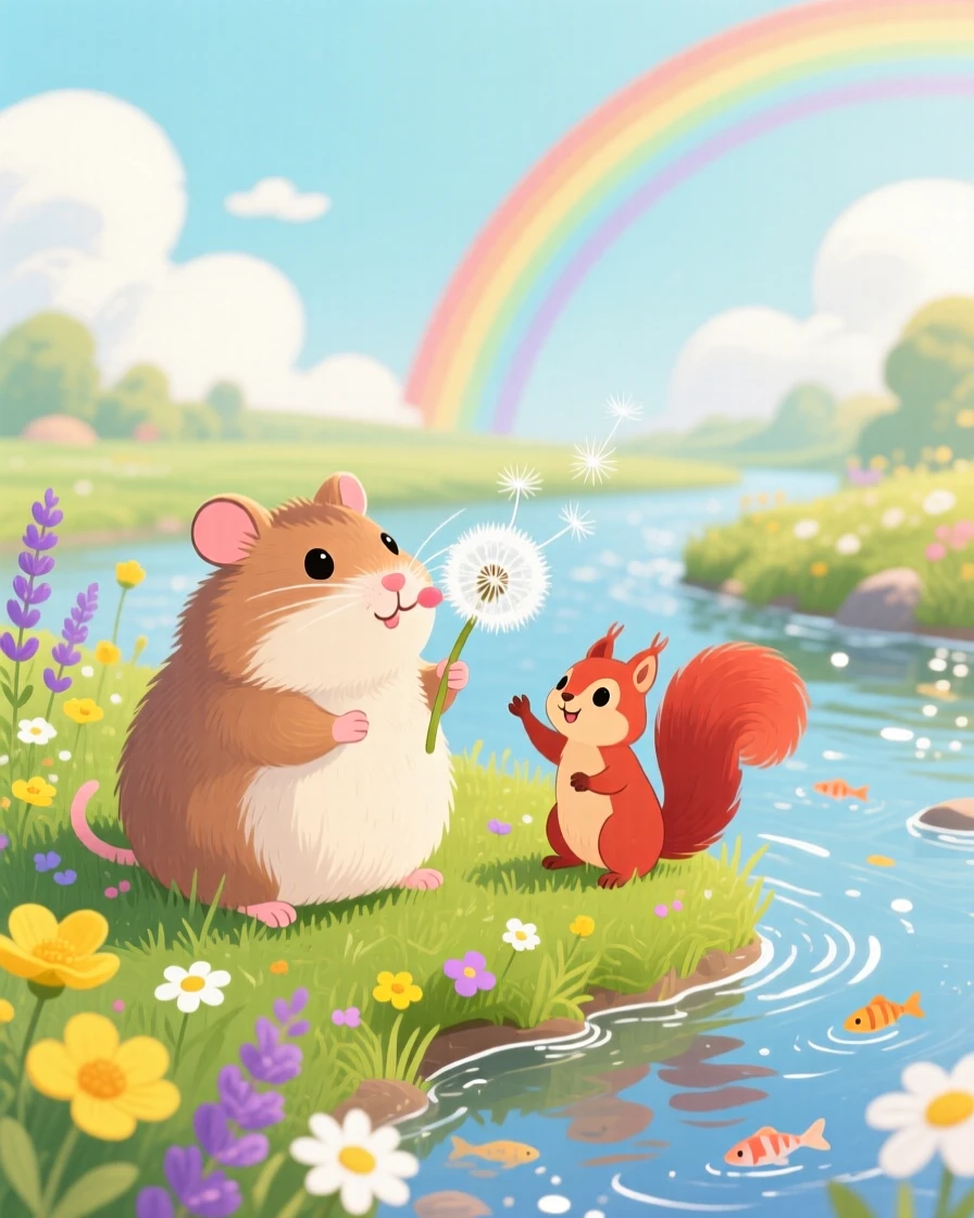 Near a babbling riverbank, a plump hamster is making a wish on a dandelion alongside a small woodland friend, with a rainbow arching in the distance.