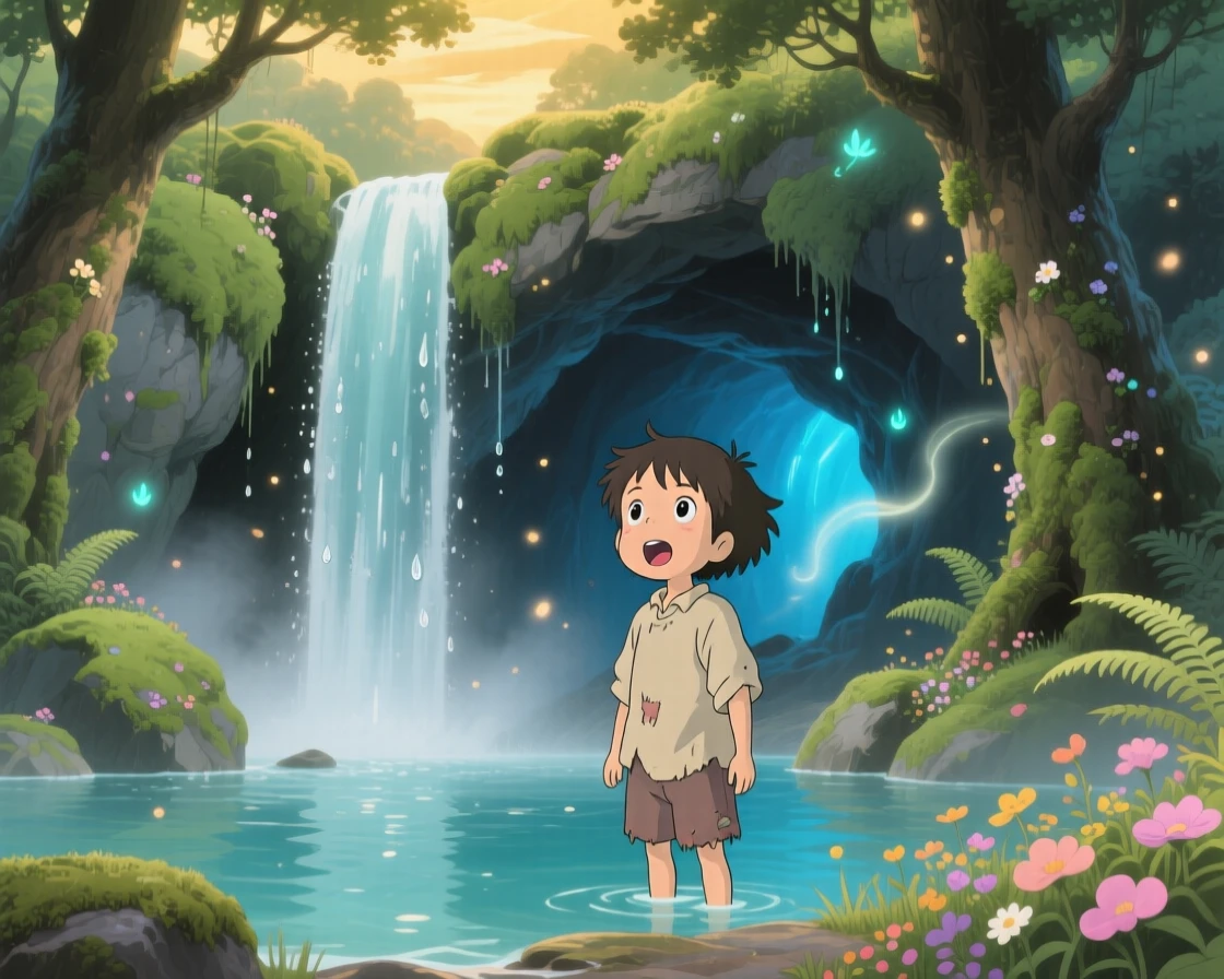 A child discovering a glowing cave hidden behind a waterfall, the moment thrilling and full of wonder.