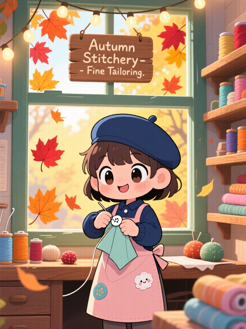 Framed through a window: a small tailor, sewing a button onto a tiny jacket, set against a cozy sewing workshop during golden autumn harvest season, with warm fairy-light glow and a mood of quiet contentment.