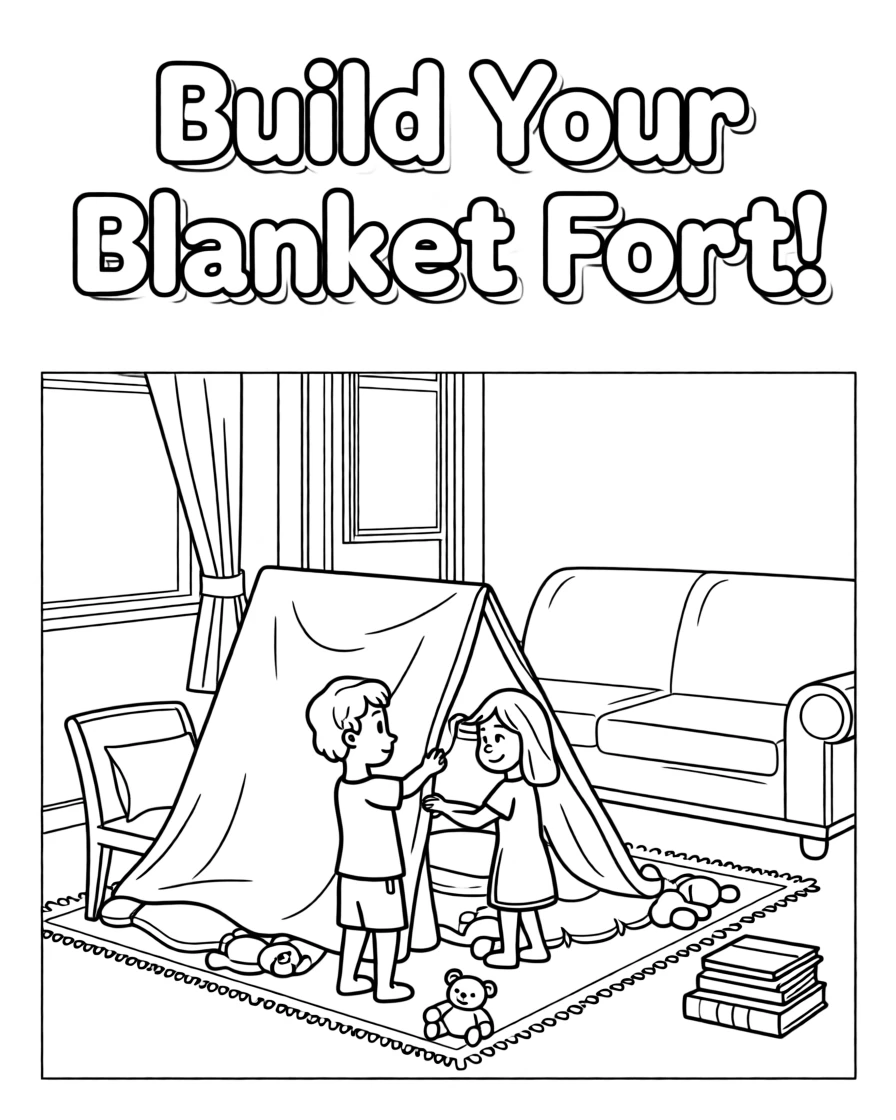 Siblings building a blanket fort in the living room