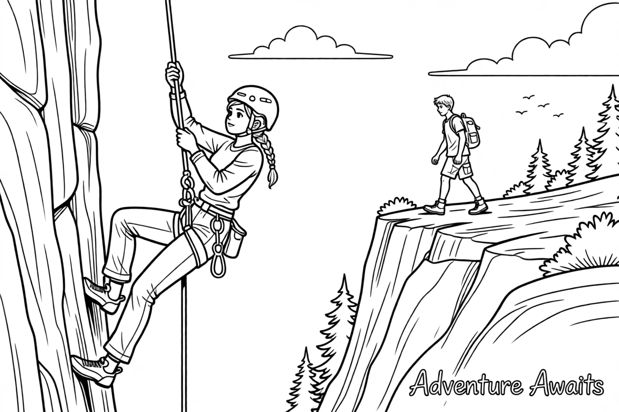 A rock climber dangling from a rope on a sheer cliff, with a distant figure hiking along a ridge.