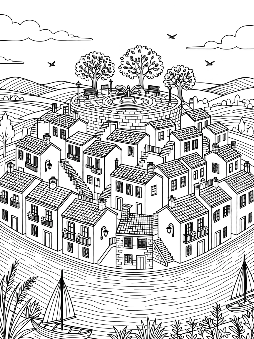 The rooftops of a hillside city tumbling down toward a river.