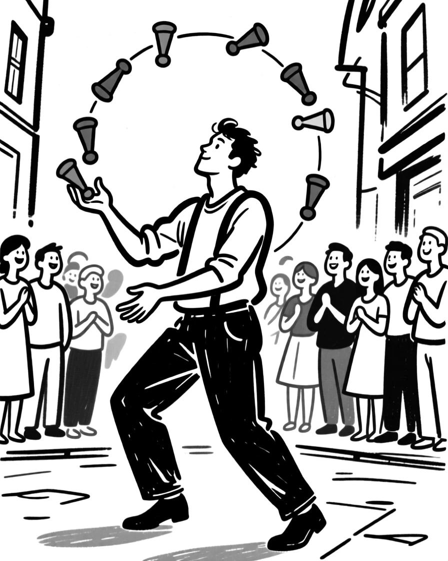 A street performer juggling colorful pins for an amused crowd.