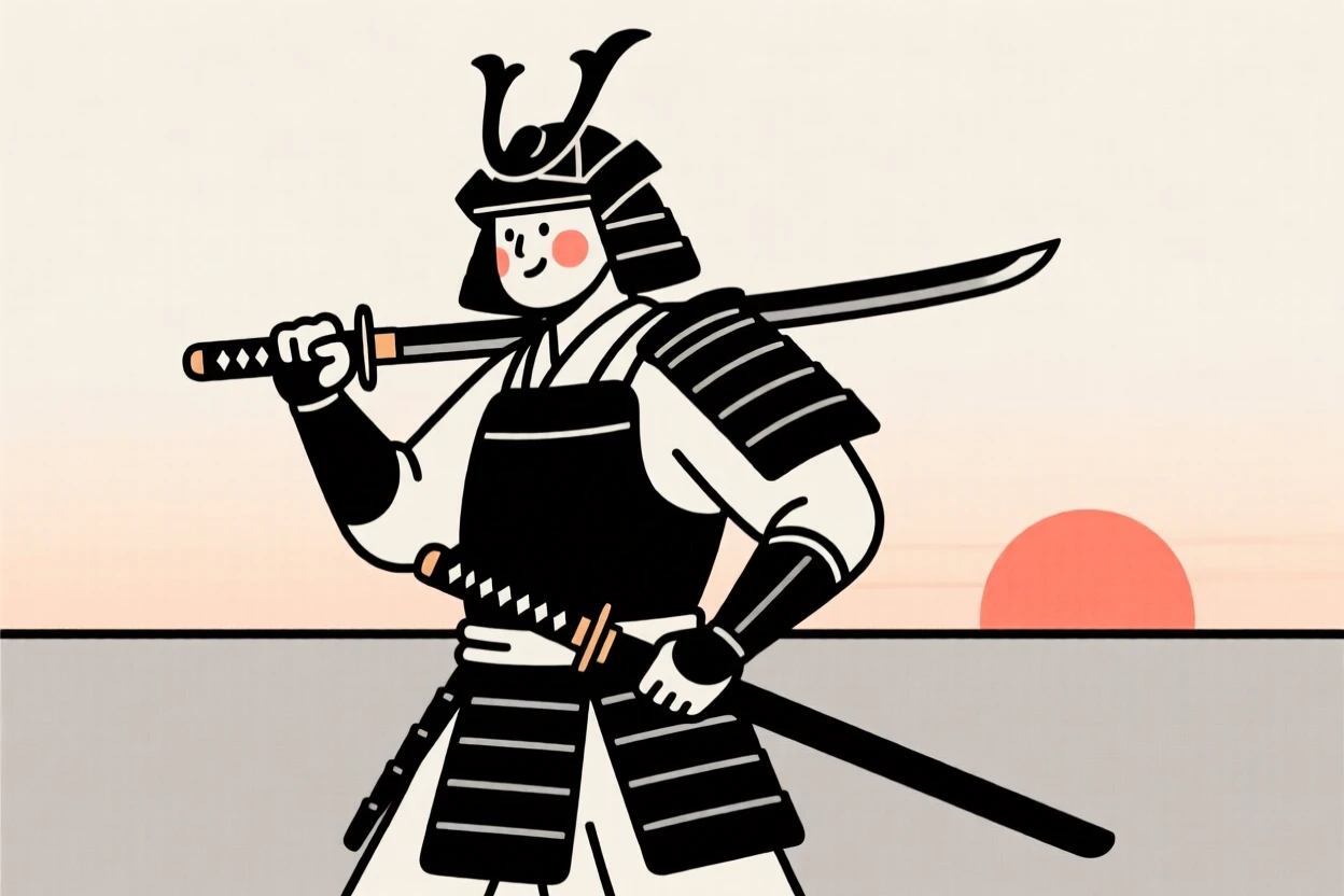 A samurai warrior at dawn, bursting with excitement.
