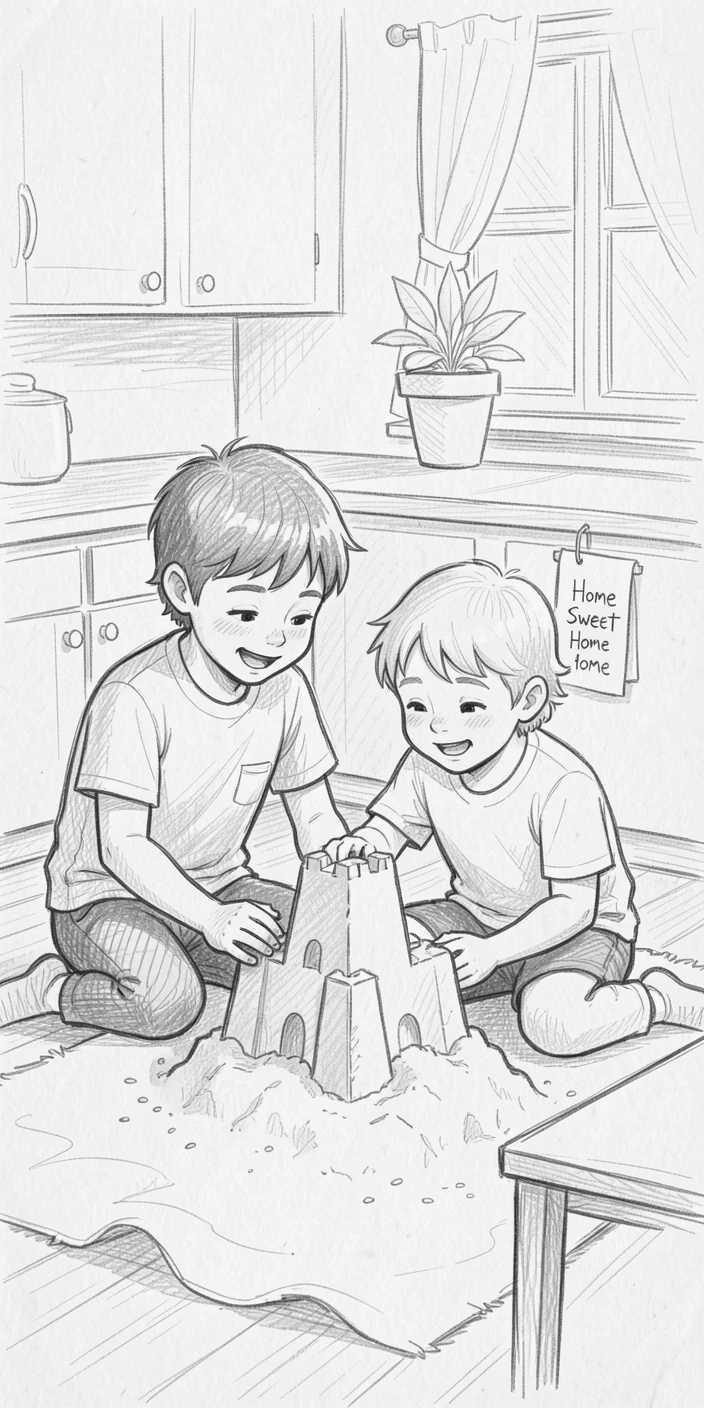 An emotional scene of siblings building a sandcastle together in a cozy kitchen, wrapped in comfortable togetherness.