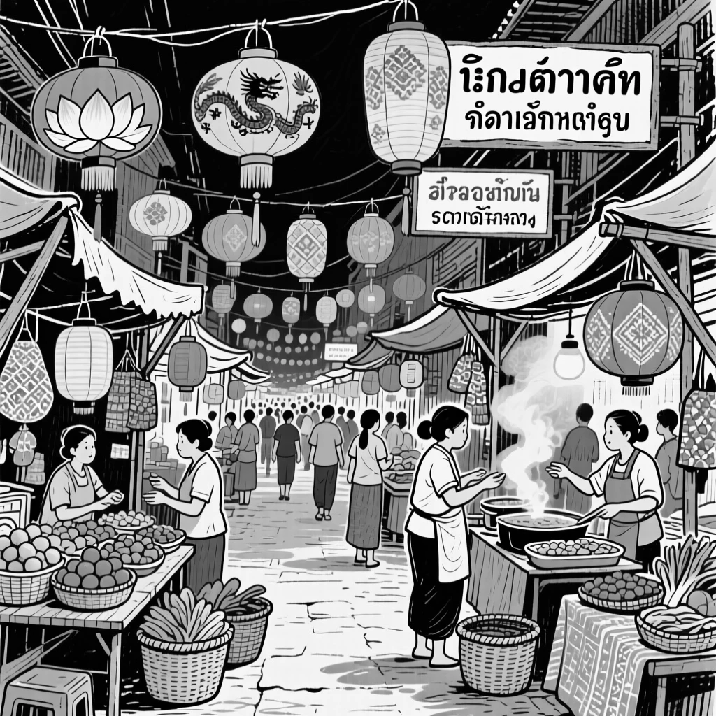 The colorful lantern-lit streets of a night market in Southeast Asia.