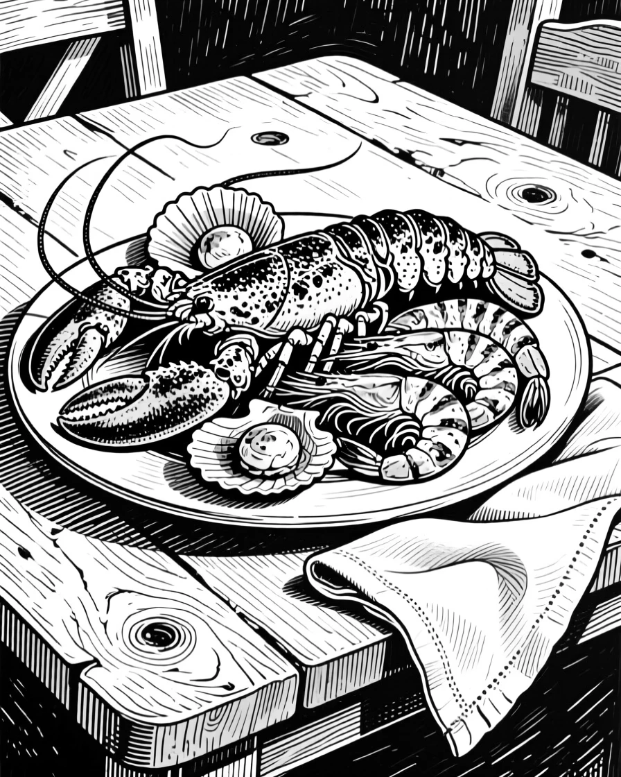A plate of grilled seafood set on a farmhouse table, with a folded linen napkin nearby, presented in an indulgent and delightful culinary still life.