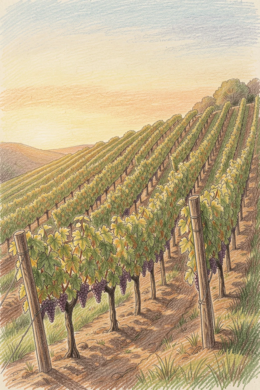 A hillside vineyard with rows of grapevines glowing in evening light, bathed in the warm glow of golden-hour light, evoking nostalgia and a deep sense of contentment.