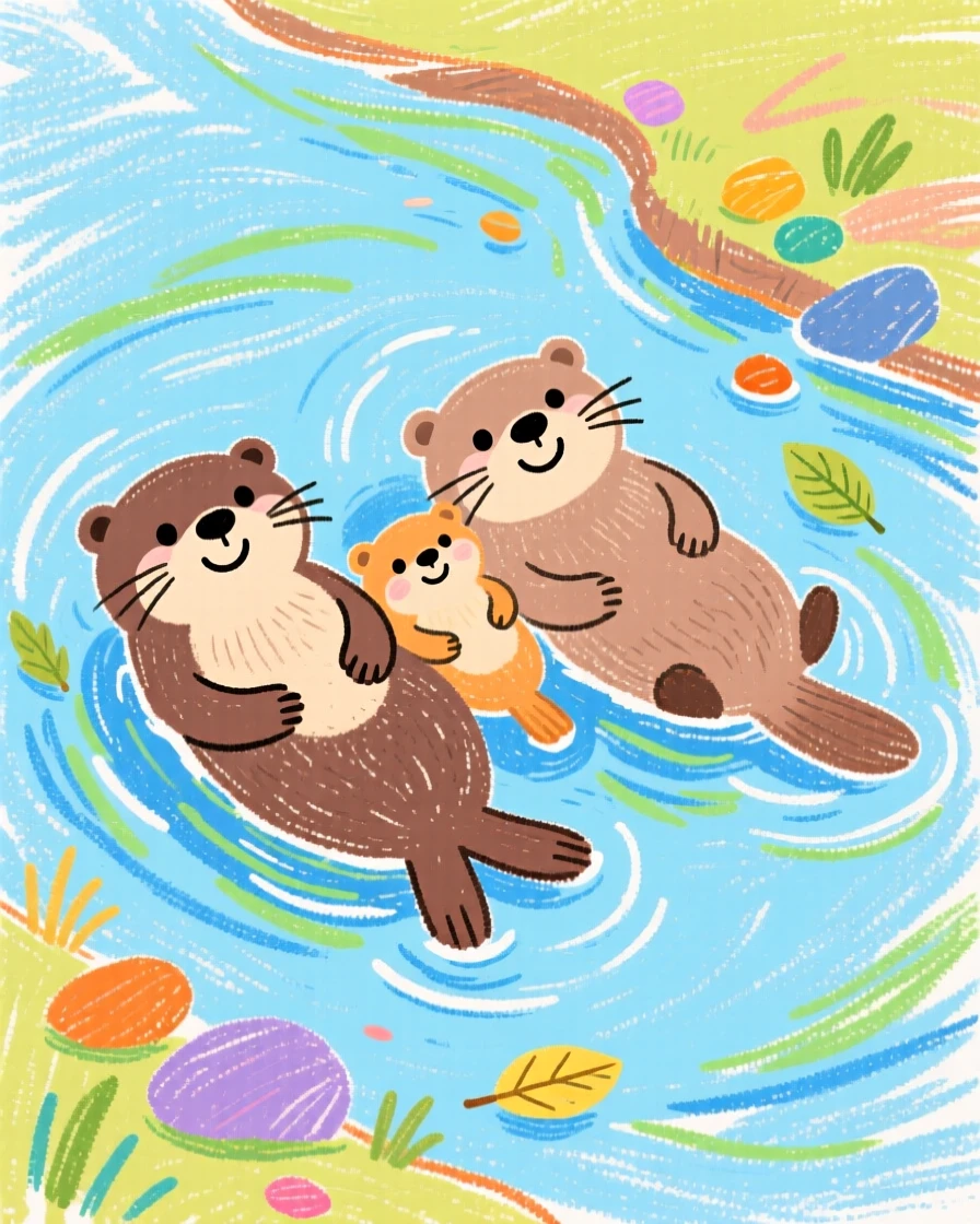 A family of otters floating together on their backs in a calm river.