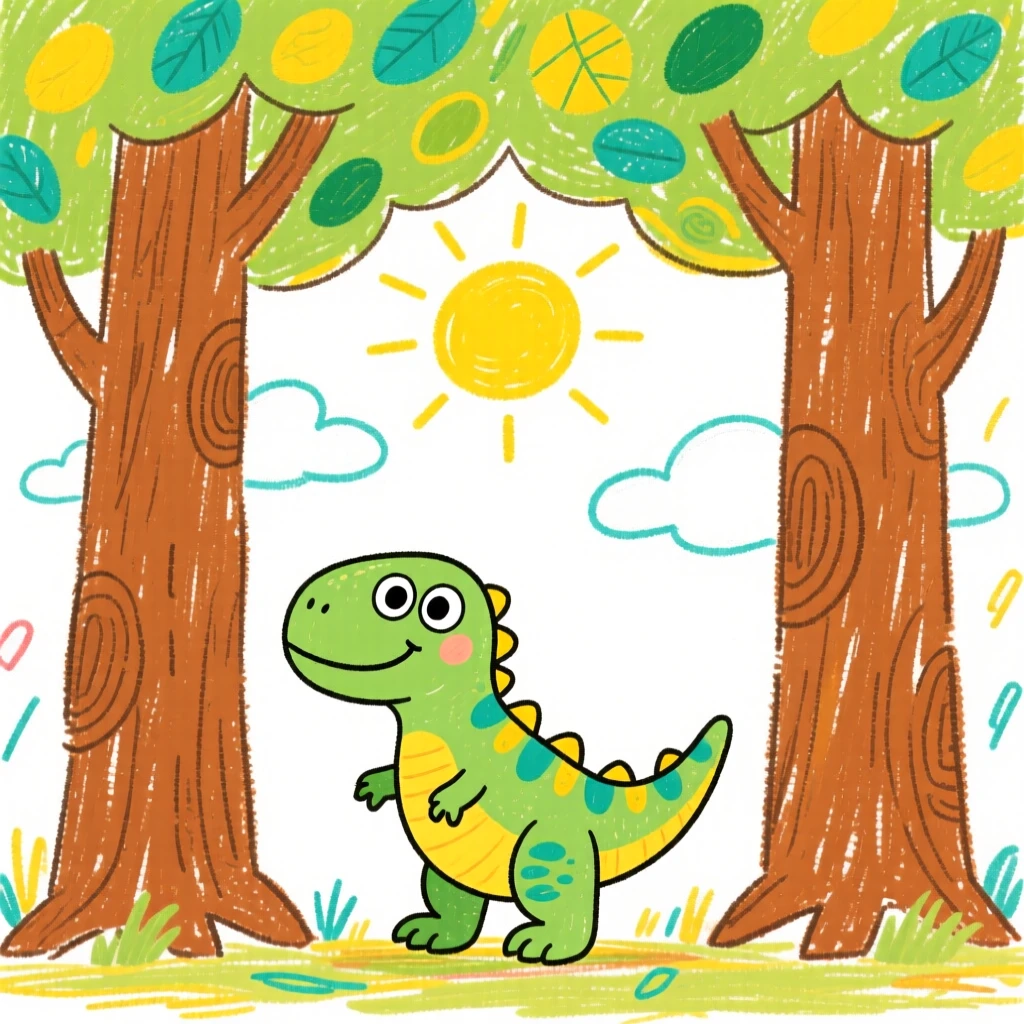 A curious baby velociraptor under a canopy of ancient towering trees.