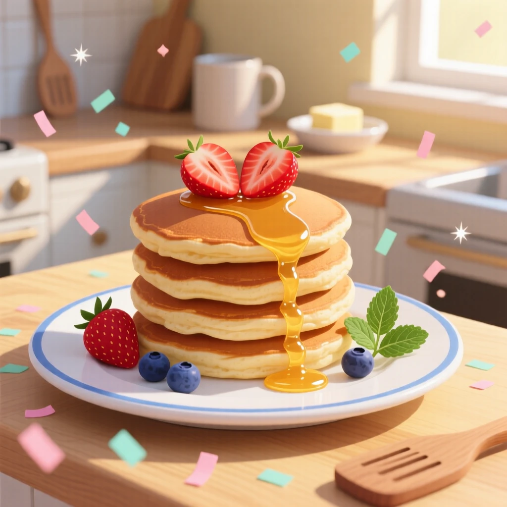 A stack of fluffy pancakes drizzled with golden syrup, set within a cozy sunlit kitchen, arranged with garnishes placed for visual balance, with a joyful, celebratory feel.