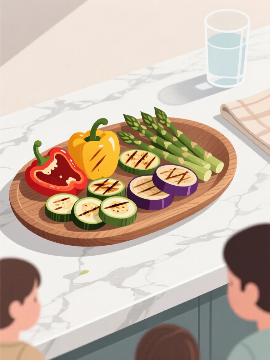 A platter of grilled vegetables beautifully displayed on a marble countertop at a family gathering.