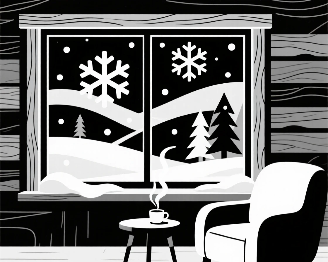 A gentle snowfall seen from inside a warm cabin.