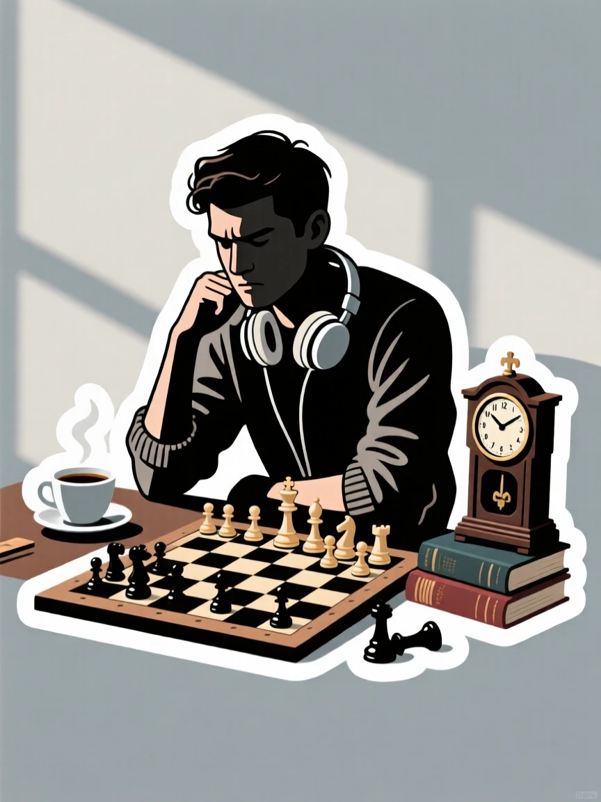 An intensely focused chess player deep in thought over the board, surrounded by their favorite gear, on a quiet weekend afternoon.