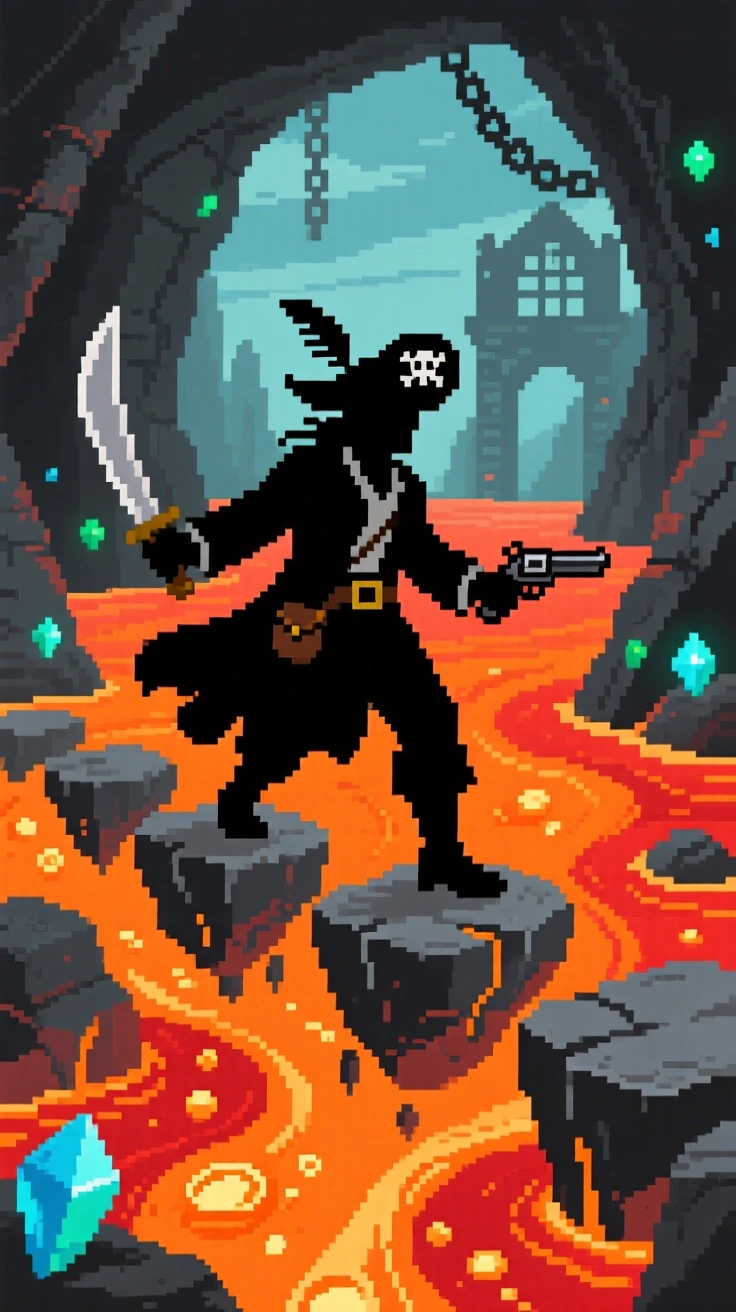 A sky pirate crossing a lava-filled cavern on floating rocks, within a sprawling underground dungeon.