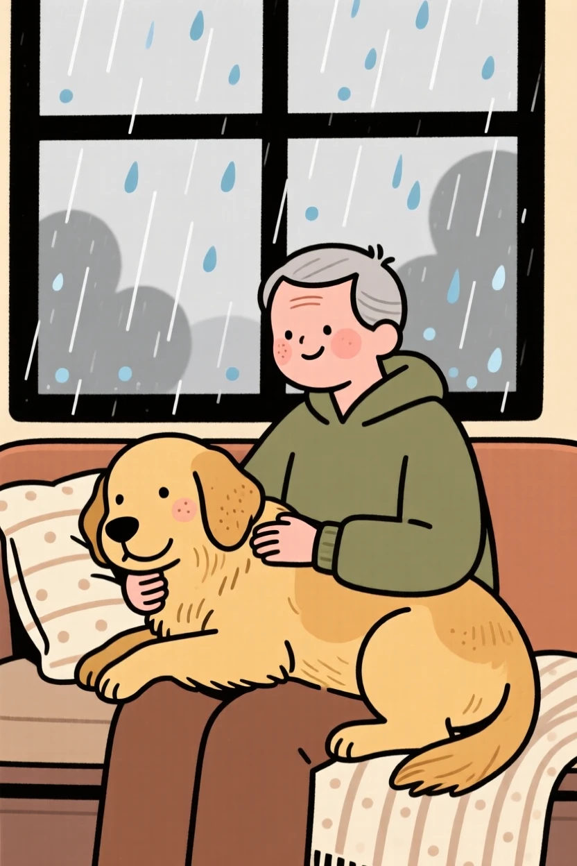 A old golden retriever rests its head on its owner's lap during a quiet rainy morning on the window seat, both perfectly content.