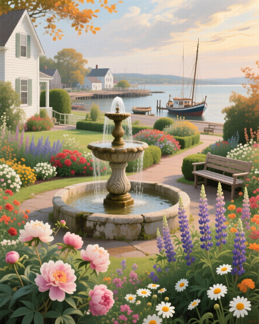 A sweeping wide shot of a botanical garden with a stone fountain surrounded by blooming flowers, in a New England fishing town, at the start of a humid summer, amid swirling autumn wind.