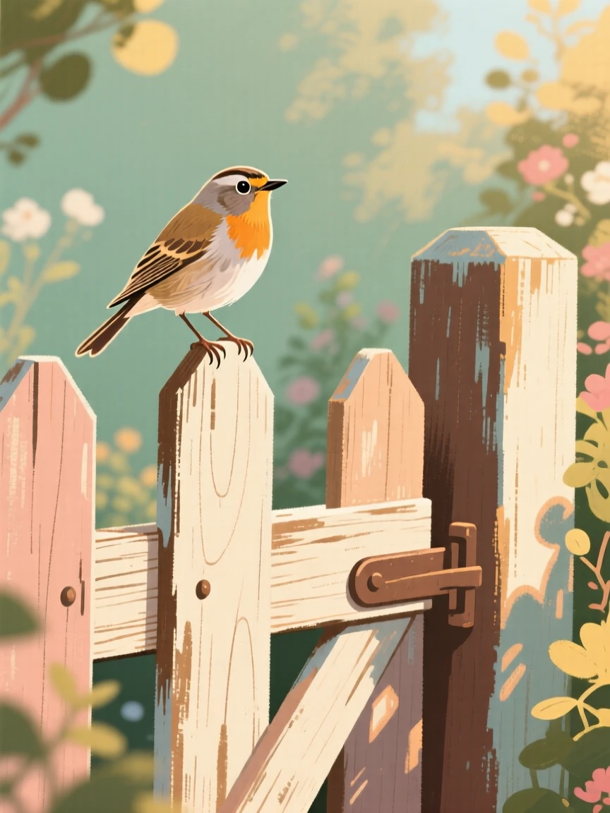 A songbird singing atop an old wooden garden gate