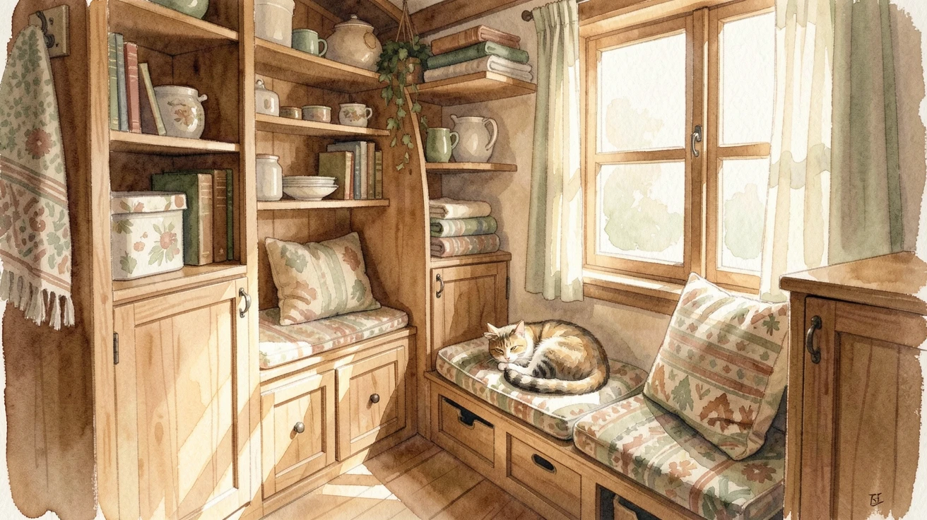 A tiny house interior with clever storage with a cat curled up nearby.