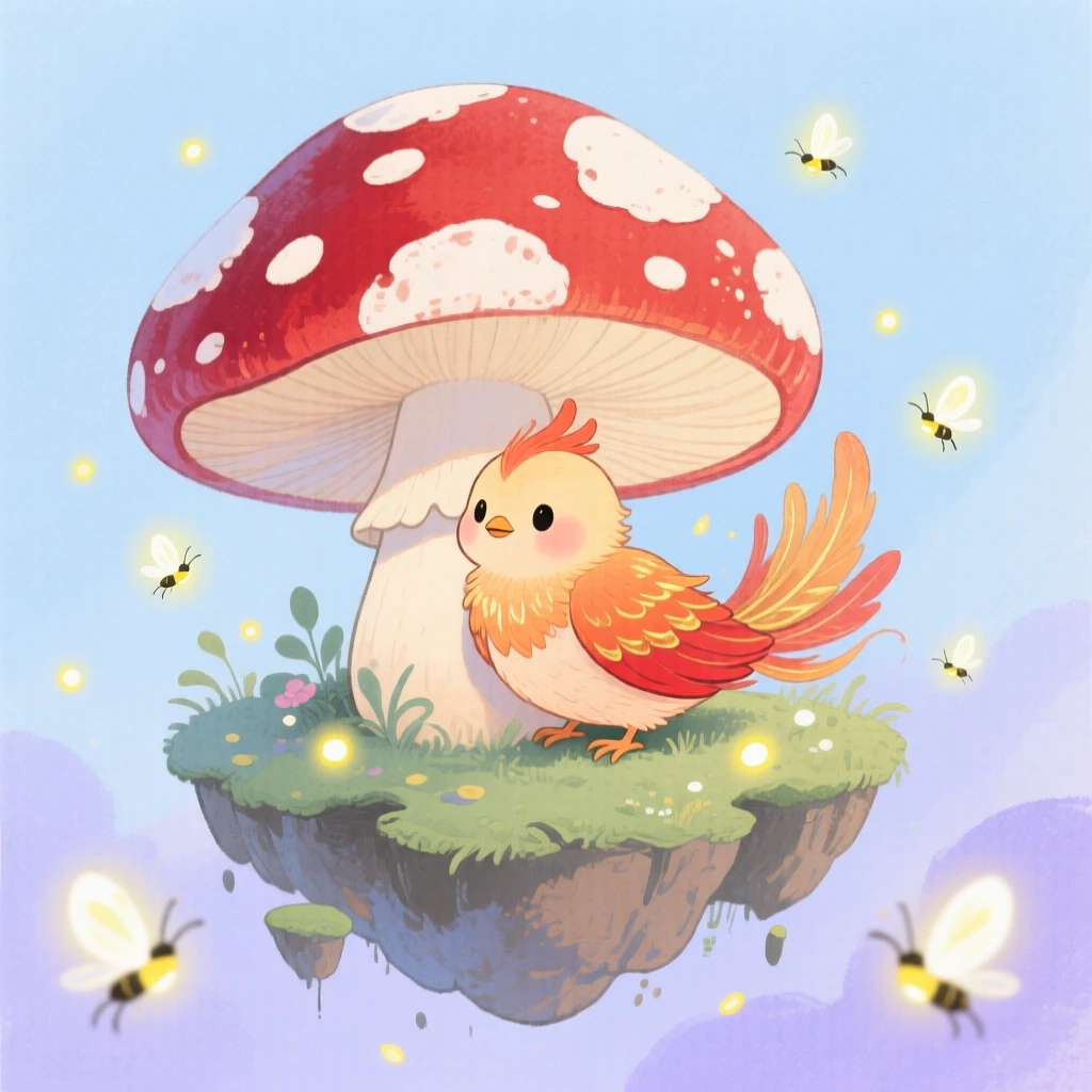 A tiny baby phoenix peeks out from behind a giant mushroom in a floating garden island, while fireflies swirl through the air