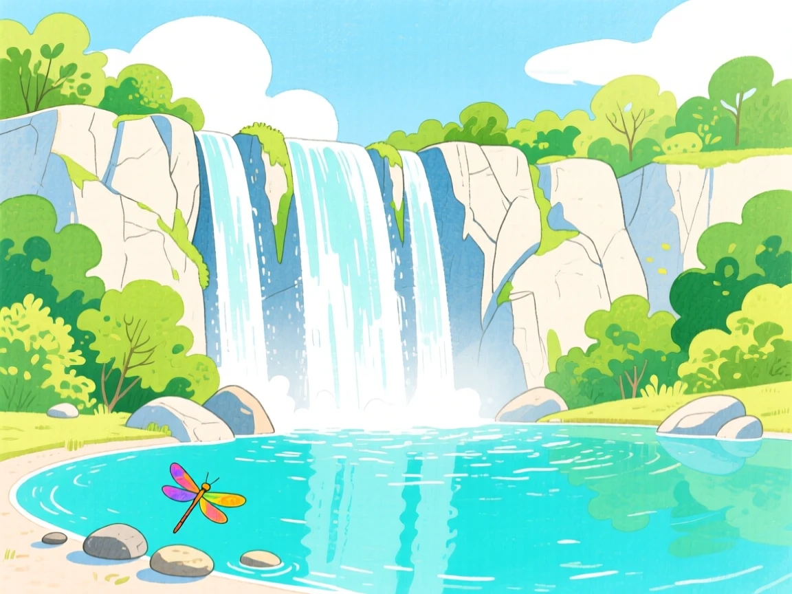 A sweeping view of a towering waterfall cascading into a turquoise pool in the height of summer.