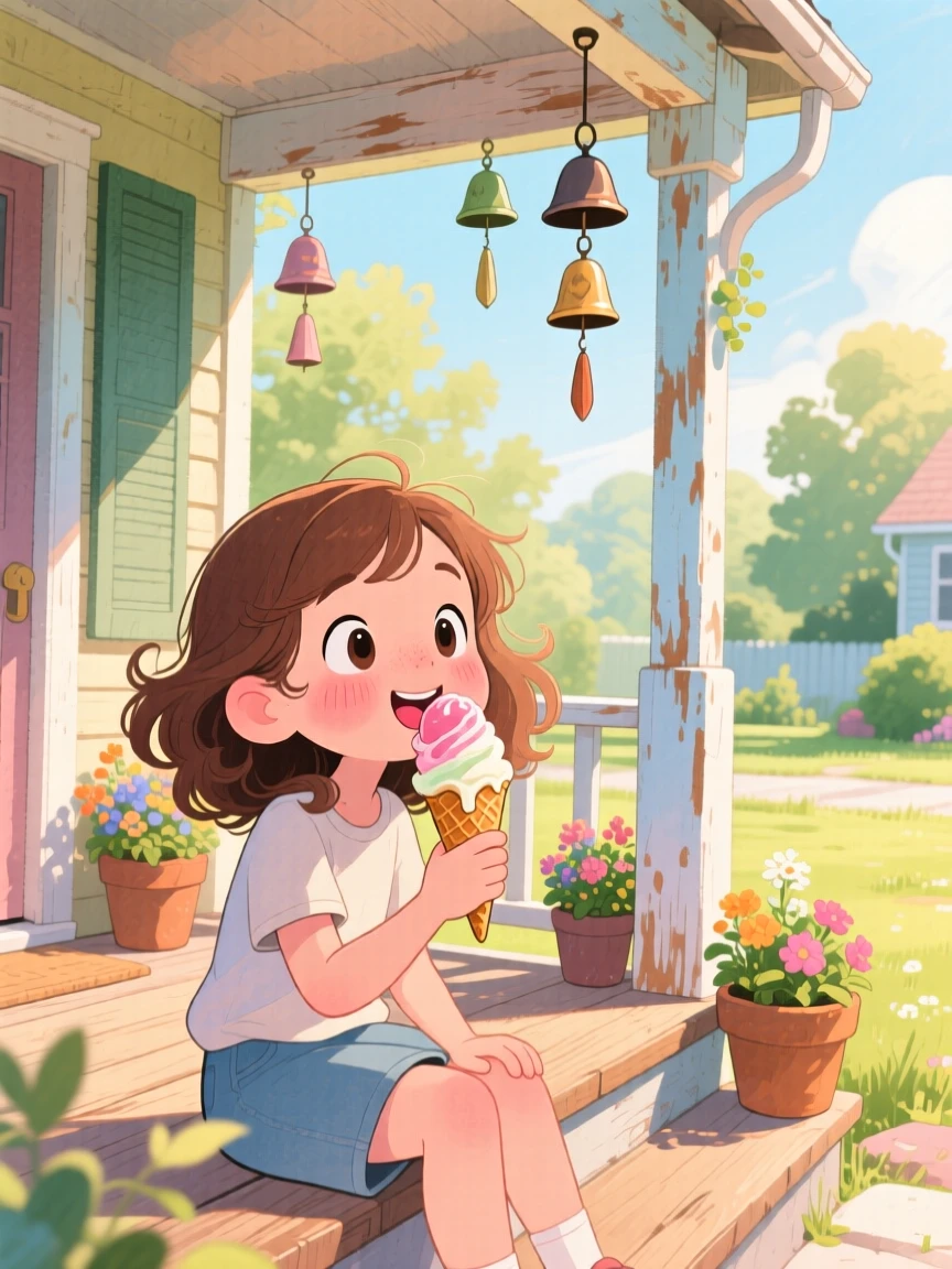 A shy young girl licking an ice cream cone that's starting to melt, in a grandparents' porch with wind chimes, capturing the pure joy of childhood wonder.