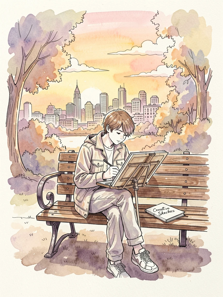 A young artist sketching the skyline from a park bench at sunset, warm colors and soft shadows completing the scene.
