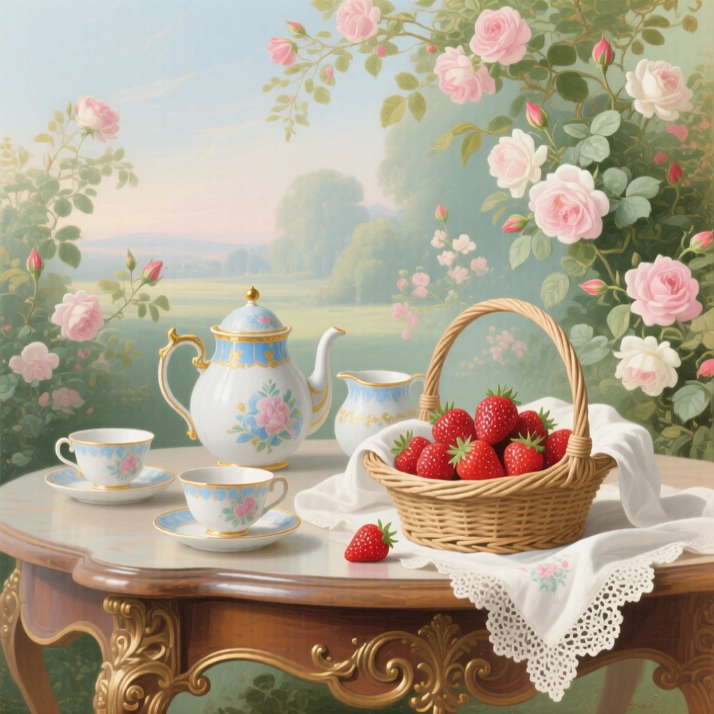 A basket of fresh strawberries beside a porcelain tea set  