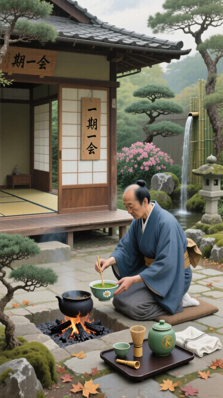 A traditional Japanese tea ceremony performed in a quiet garden pavilion, with intricate cultural details woven throughout the composition, designed to feel both historically authentic and visually striking