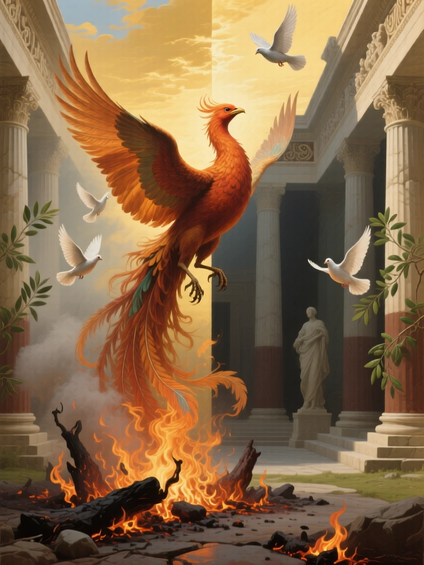 A phoenix rising from smoldering embers toward a golden sky as unseen forces of fate quietly converge, set within a classical temple open to the heavens, with doves, olive branches, or flames rendered as carriers of deeper meaning; contrasting light and shadow divide the canvas into meaningful halves, filled with quiet reverence for forces greater than ourselves.