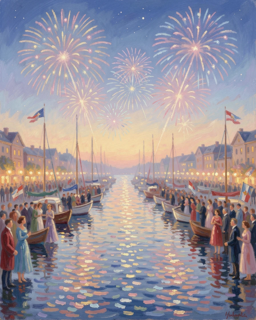 A New Year's Eve celebration with fireworks bursting over a glittering harbor filled with cheering crowds, radiating joy and gentle celebration.