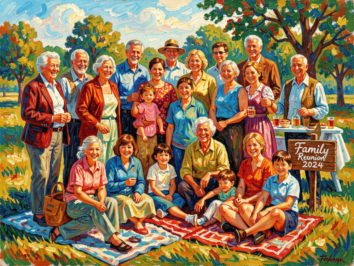 A large extended family posing together for a photo at a reunion picnic.