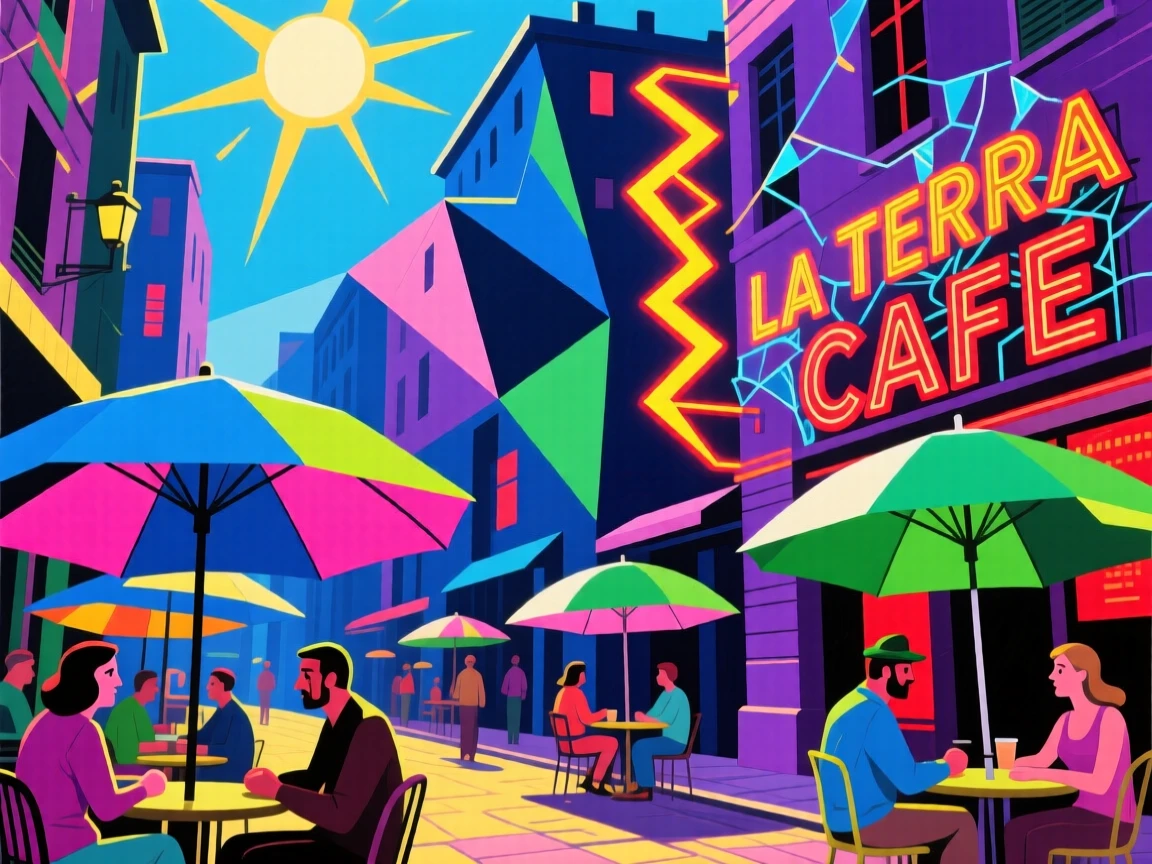 A vibrant scene of a neon-lit downtown street dotted with umbrellas shielding patrons from the sun.