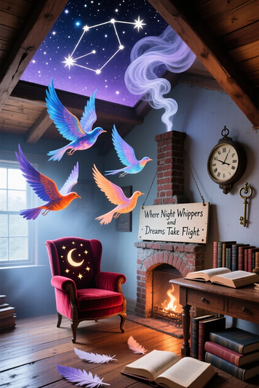 A cozy attic room where the ceiling opens directly into starlight sits quietly wrapped in early morning mist, while smoke curls gently from a chimney into shapes of birds.
