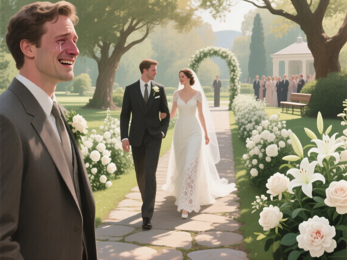 A groom's face lights up with emotion as he watches his bride walk toward him down a garden aisle lined with white flowers, background elements kept softly out of focus to keep attention on the human moment.