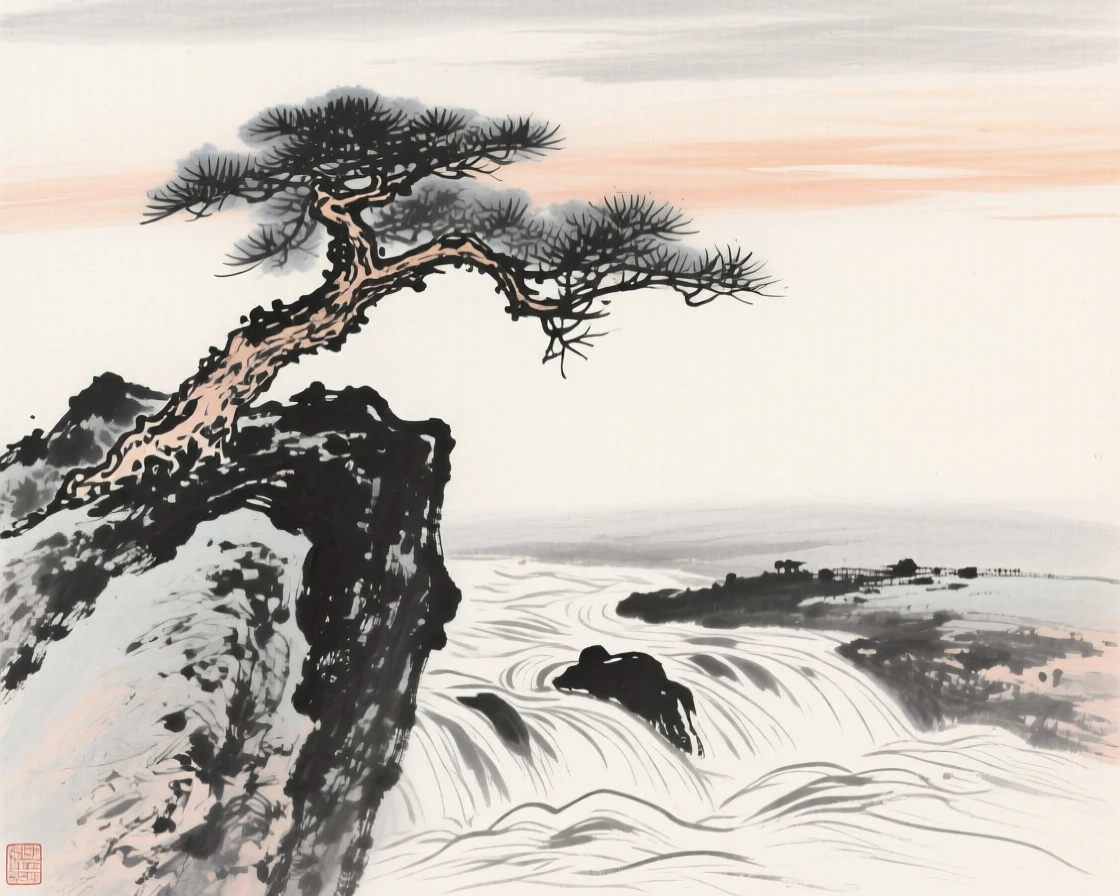 A pine tree clings to a boulder beside a rushing mountain stream, beneath a sky brushed with the last light of day.