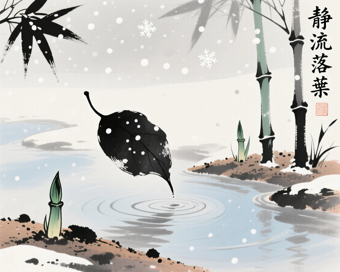 A single leaf drifting slowly down a still stream, beneath softly falling snow, as new bamboo shoots break through the soil.