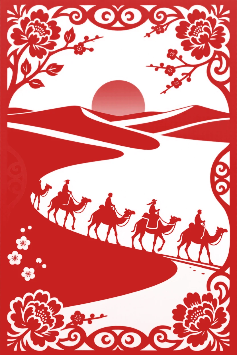 A desert of rolling sand dunes at sunset, a camel caravan silhouetted against the glowing horizon, following an ancient trade route