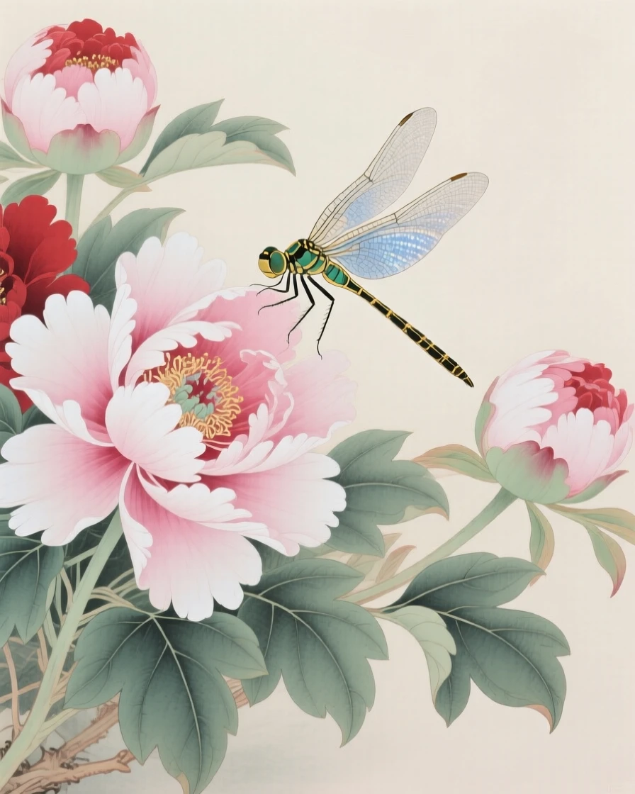 Peonies in full bloom with a single dragonfly resting on one petal