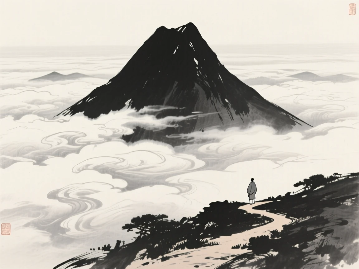 A solitary mountain peak piercing through a sea of clouds beneath a canopy of drifting cloud banks, viewed from a high vantage point looking down across the whole scene, with a lone traveler pausing on the path to take in the view, carrying a feeling of timeless peace and stillness.