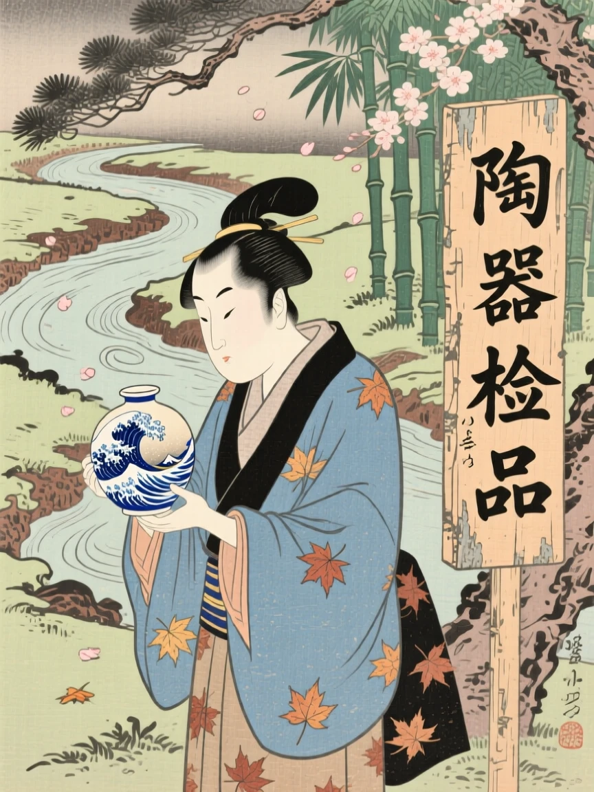 A young scholar inspecting a finished piece of pottery.