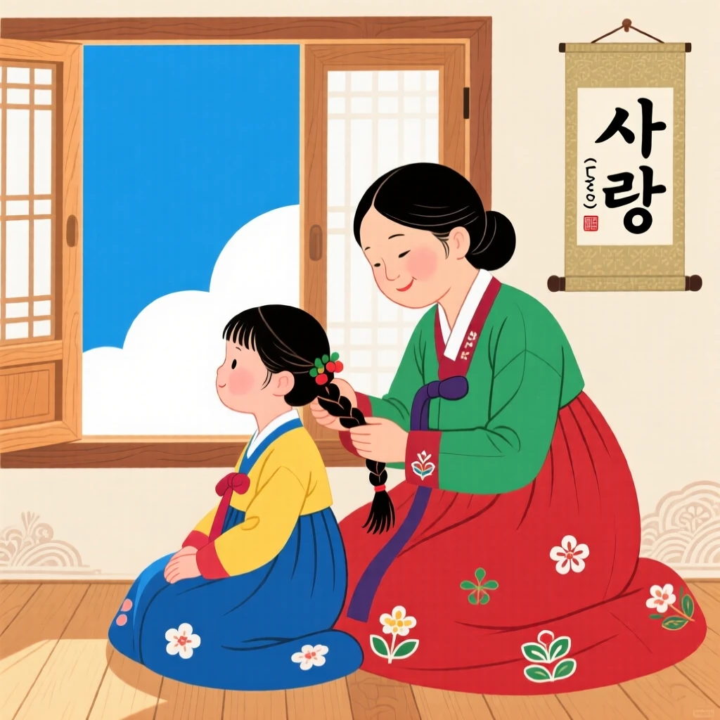 A mother braiding her daughter's hair by a window.