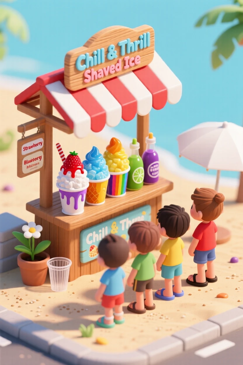 A charming shaved ice stand on a hot summer day, colorful syrups drizzled over crushed ice, and a line of kids waiting eagerly.