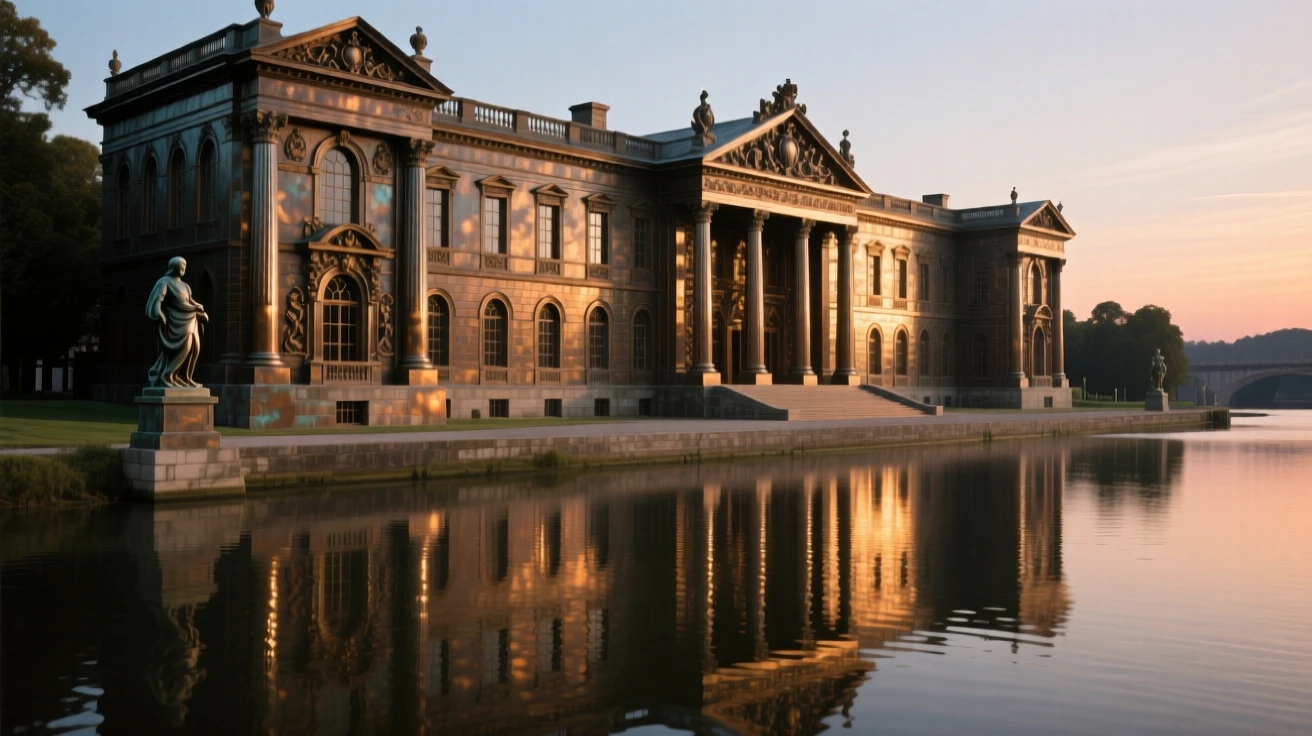 A grand riverside palace reflected in still water, glowing softly in the light of dusk, exuding timeless grandeur