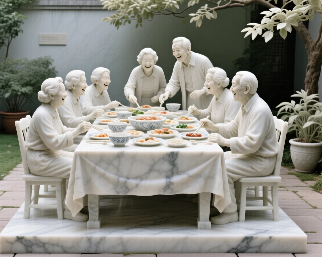 A heartwarming depiction of neighbors sharing a meal at a long outdoor table, full of laughter and genuine connection