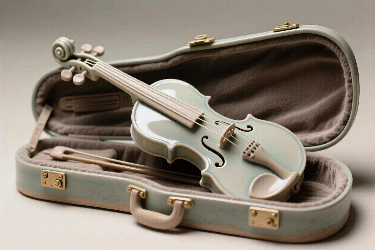 A violin resting against an open case posed as if just set down a moment ago, its surface polished to a gentle sheen, stirring fond memories of simpler times.